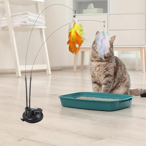 Qpets® Cat Feather Toy Feathered Teasing Wand Dual-Wire Flexible Suction Cup Colored Floor 2 PCS Qpets® Cat Feather Toy Feathered Teasing Wand Dual-Wire Flexible Suction Cup Colored Floor 2 PCS